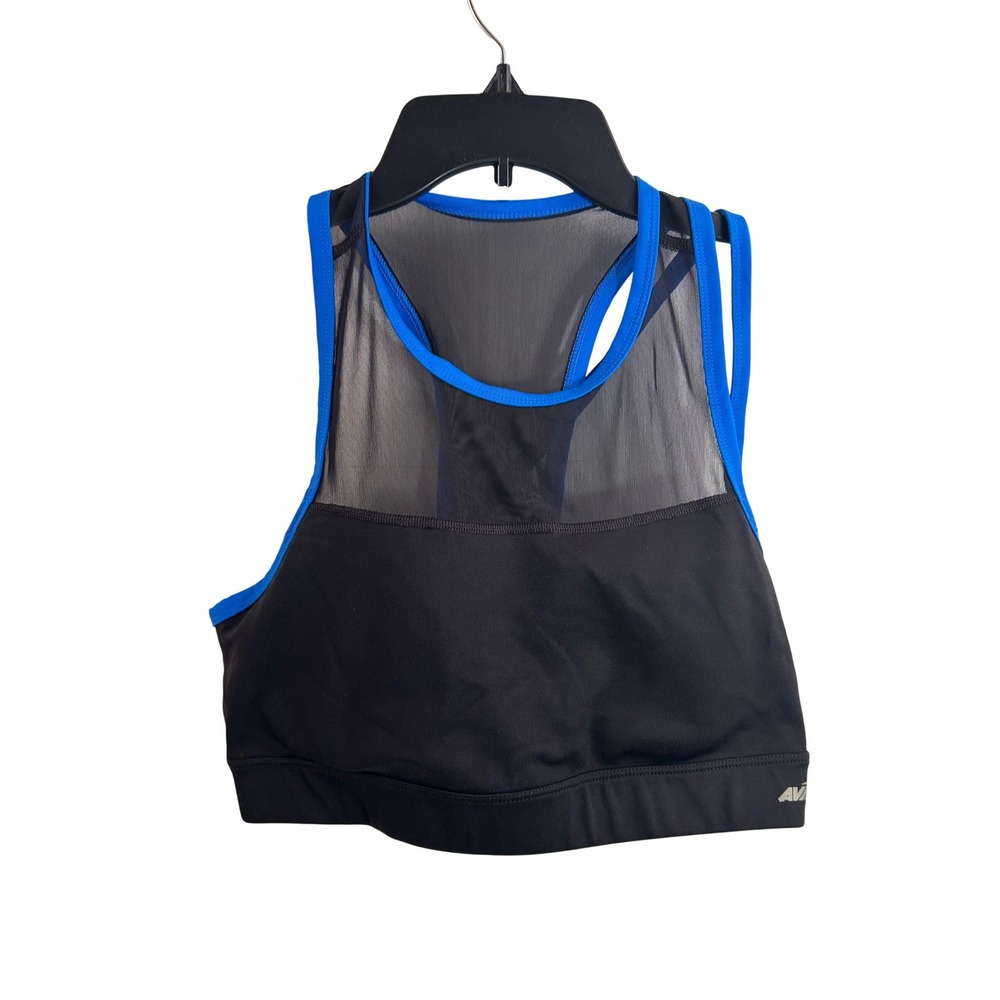Avia Sports Bra Large 12-14 Black Blue Strappy Mesh Back Kids Activewear